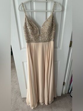 Champagne Beaded V-Neck Prom Dress